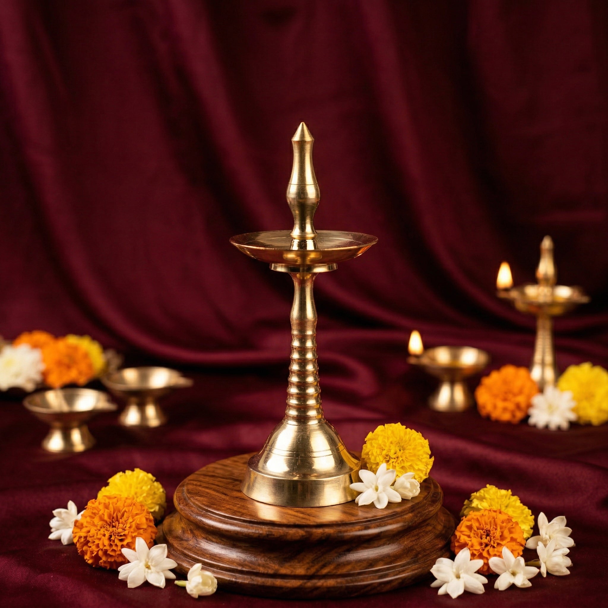 Nilavilakku Kerala floor lamp in a slight top-angle view on a wooden base with a lit diya and marigold jasmine flowers against a maroon backdrop