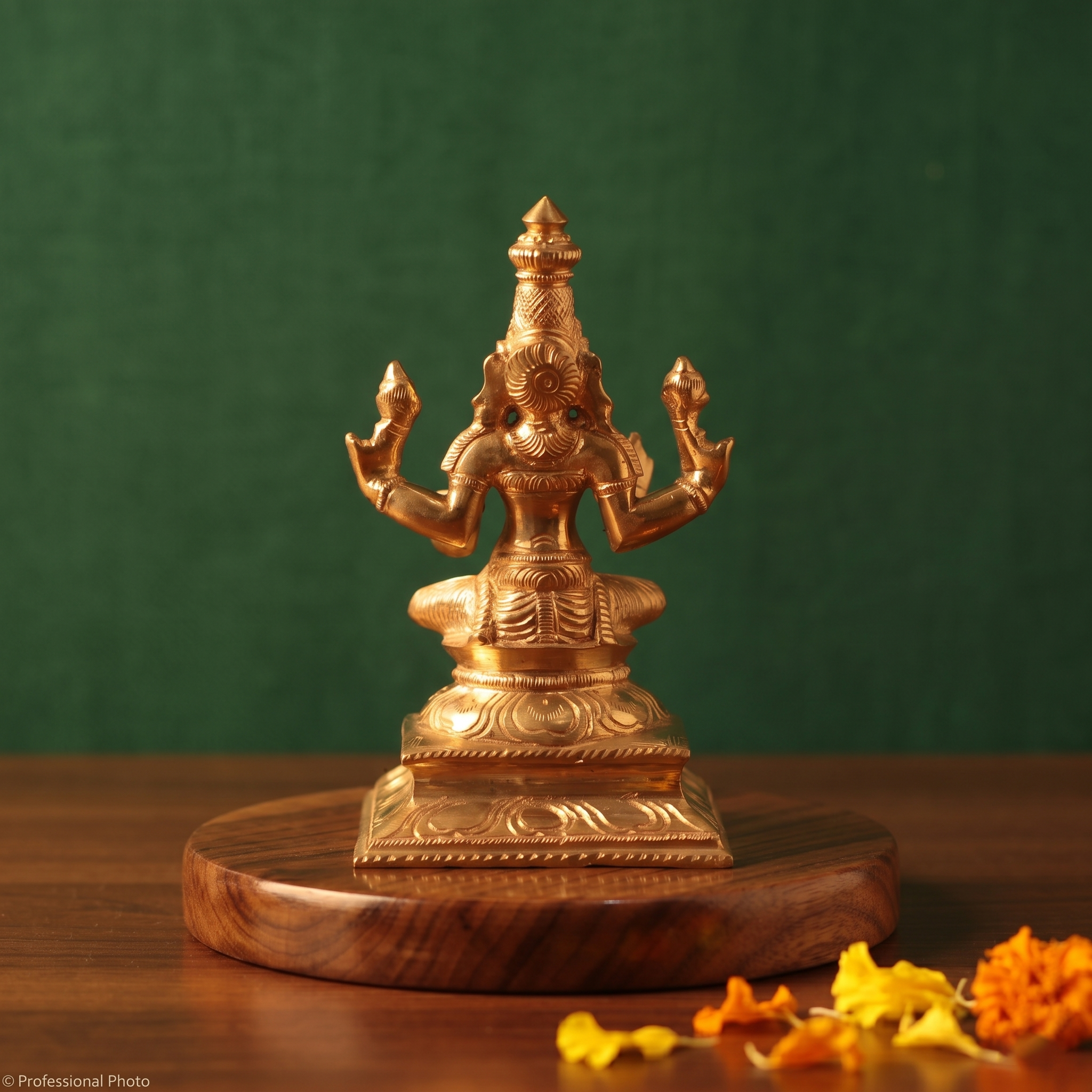 Lakshmi idol in back view, seated with four arms on an engraved lotus base with orange petals on the right side on a wooden plate.