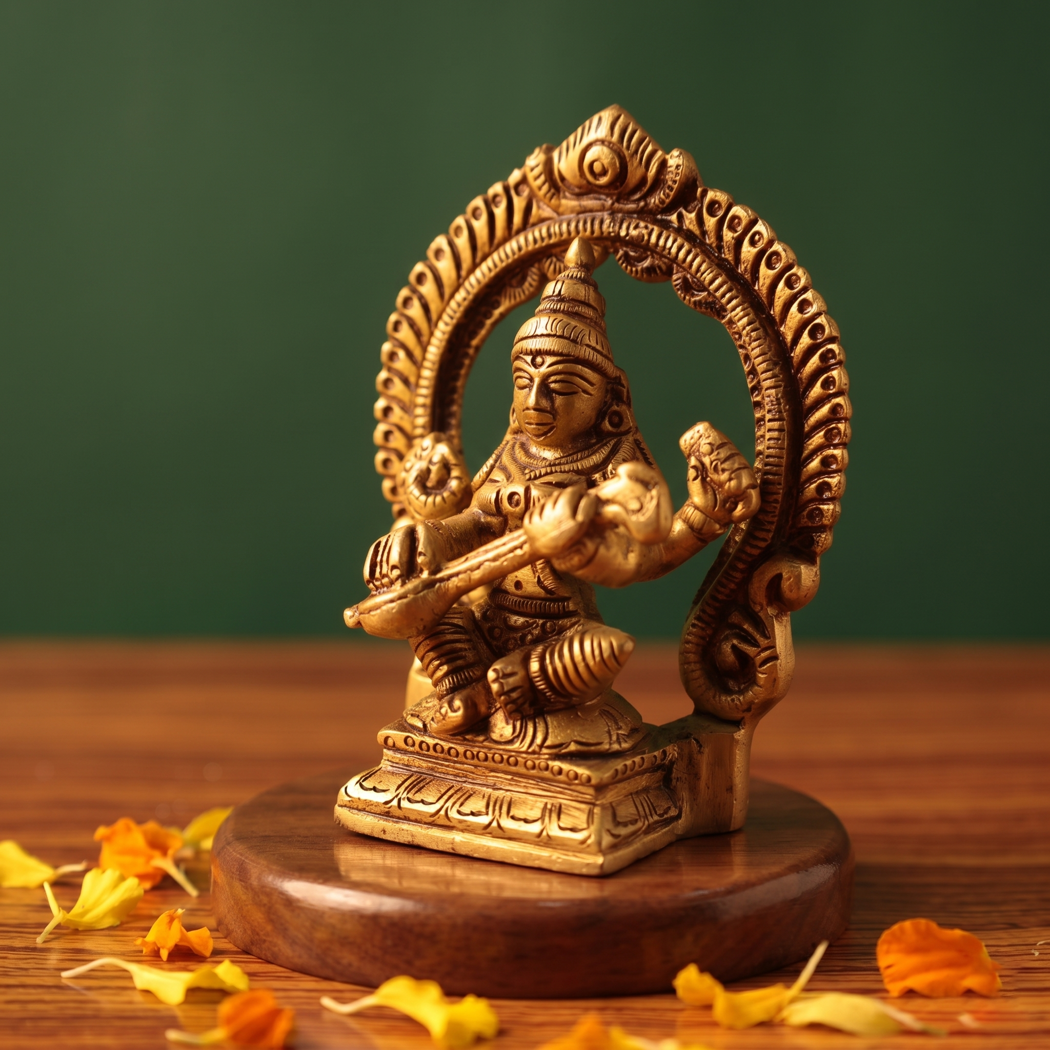 Brass Saraswathi idol in a slight right-angle seated pose playing veena within a decorative arch, on a wooden platform, green backdrop.

