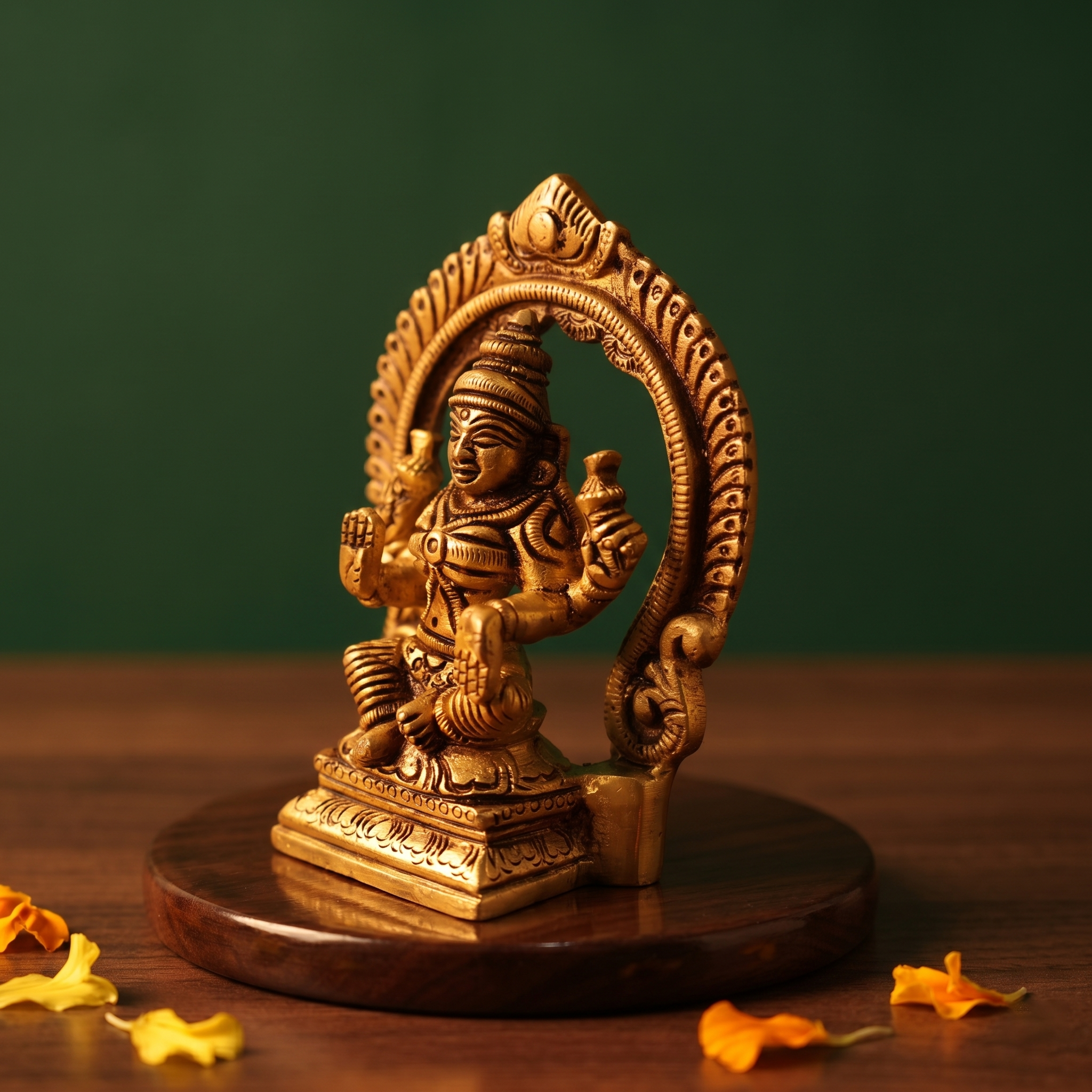 Brass Lakshmi idol in right side-angle seated view within decorative arch, on wooden platform with marigold petals, green backdrop.
