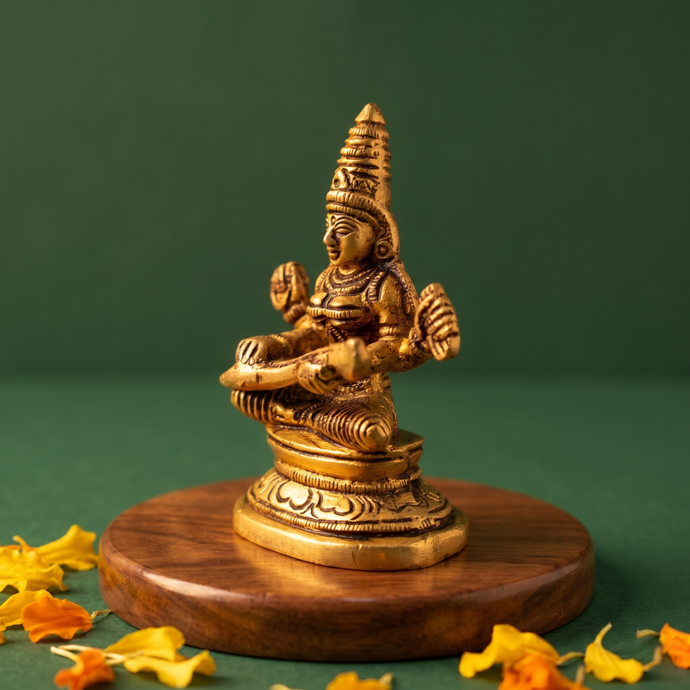 Brass Saraswathi idol in a slight right-angle seated pose without veena, on a wooden platform with yellow petals, green backdrop.
