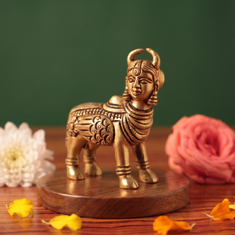 Brass Kamadhenu idol in a slight right-angle standing view without calf, on a wooden platform with white and pink flowers, green backdrop.
