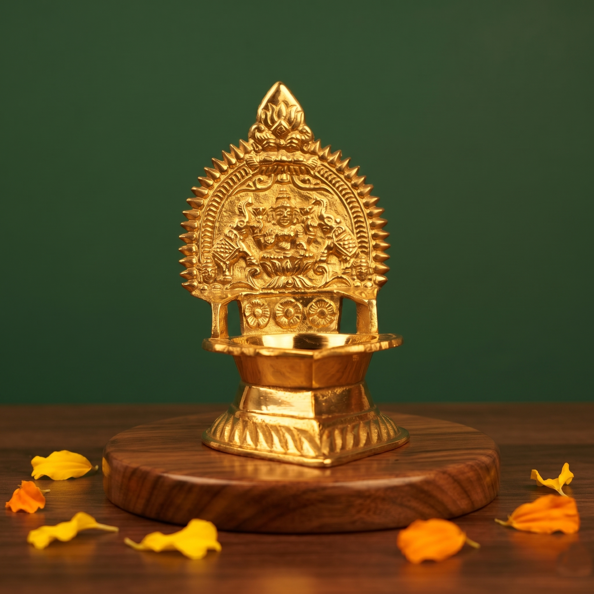 Kamakshi Deepam Vilakku with engraved goddess and prabhavali in a slight left-angle view on a wooden base with petals against a green backdrop