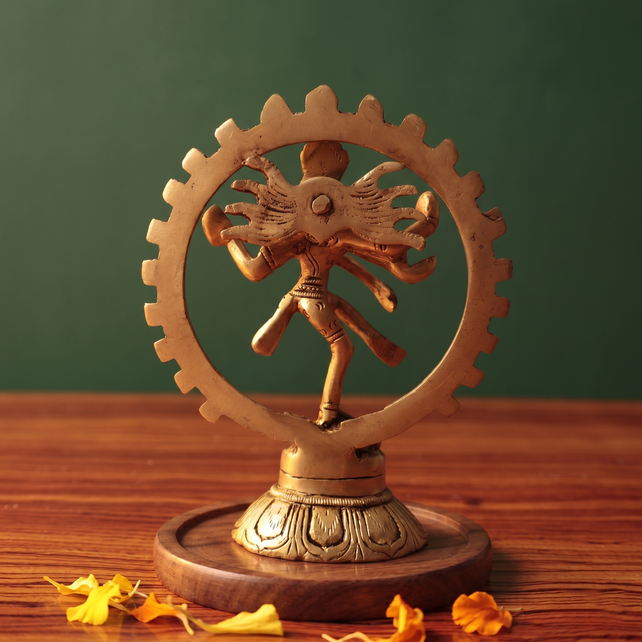Brass Nataraja idol back view dancing within a fire ring, on a wooden platform with marigold petals, green backdrop.
