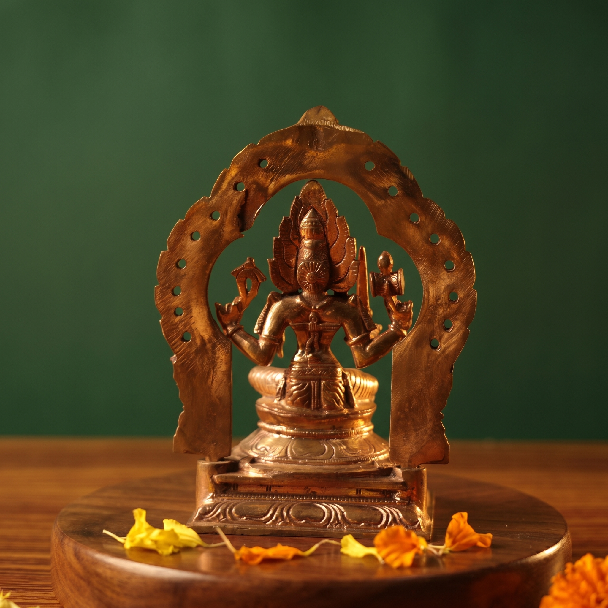 Maariamman idol in back view with circular arch prabhavali seated on engraved base with yellow and orange petals on a wooden plate.