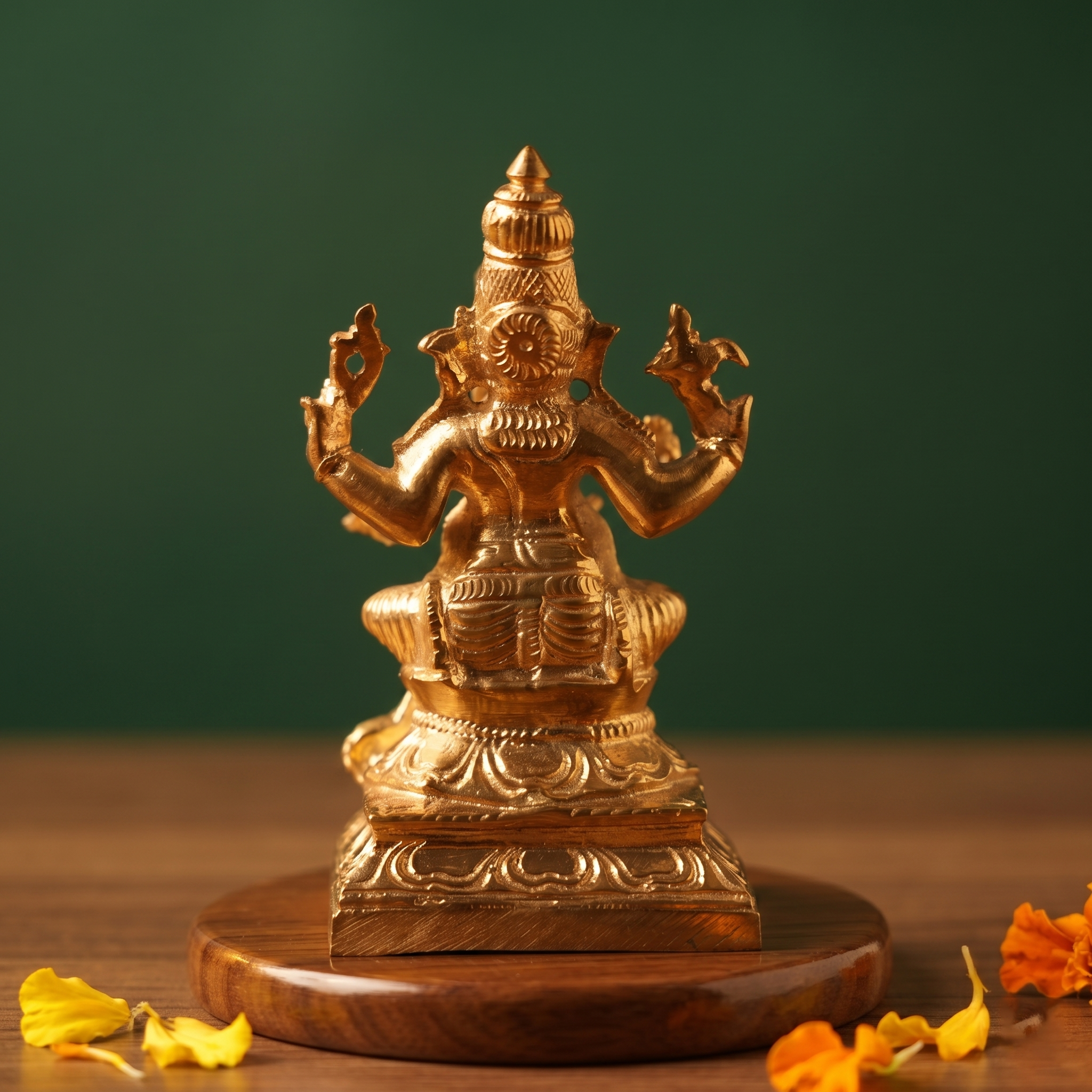 Ganesh Sitting Edampuri in back view, seated on a lotus base with four arms raised, with scattered yellow and orange petals on a wooden plate.