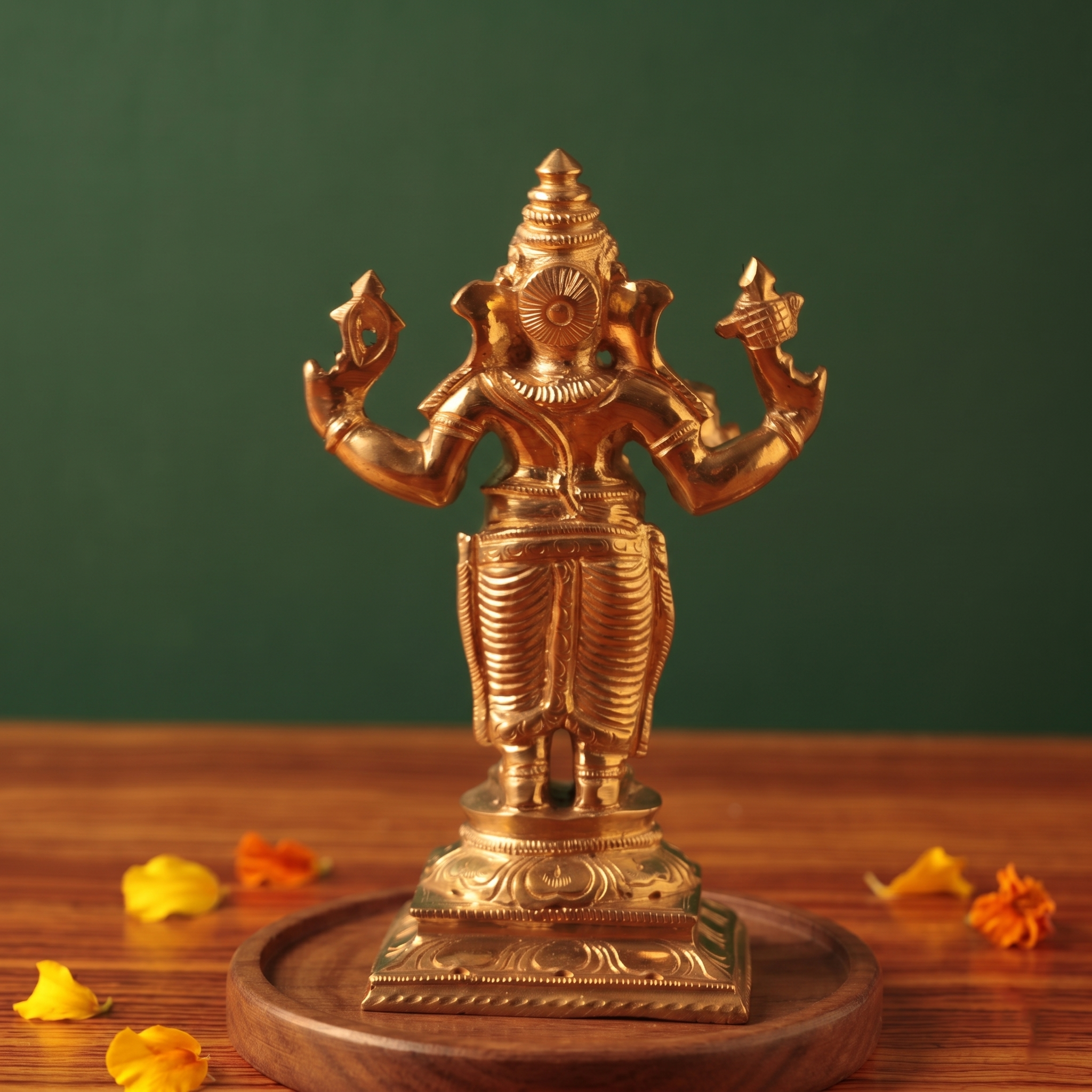 Ganesh Standing Valampuri in back view with four arms raised on an engraved base with scattered yellow and orange petals on a wooden plate.