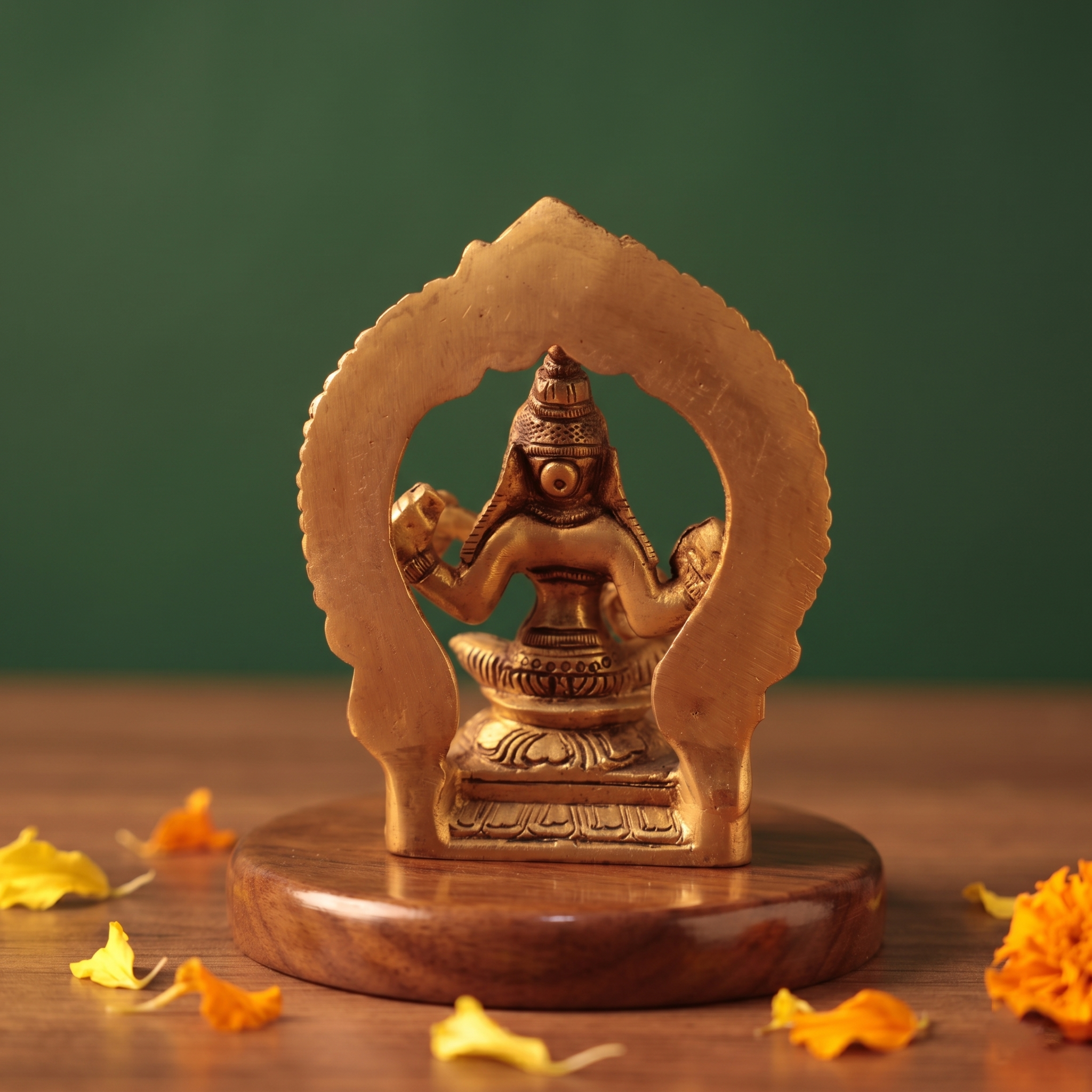 Brass Saraswathi idol, back view, seated within a decorative arch, on a wooden platform with scattered petals, green backdrop.
