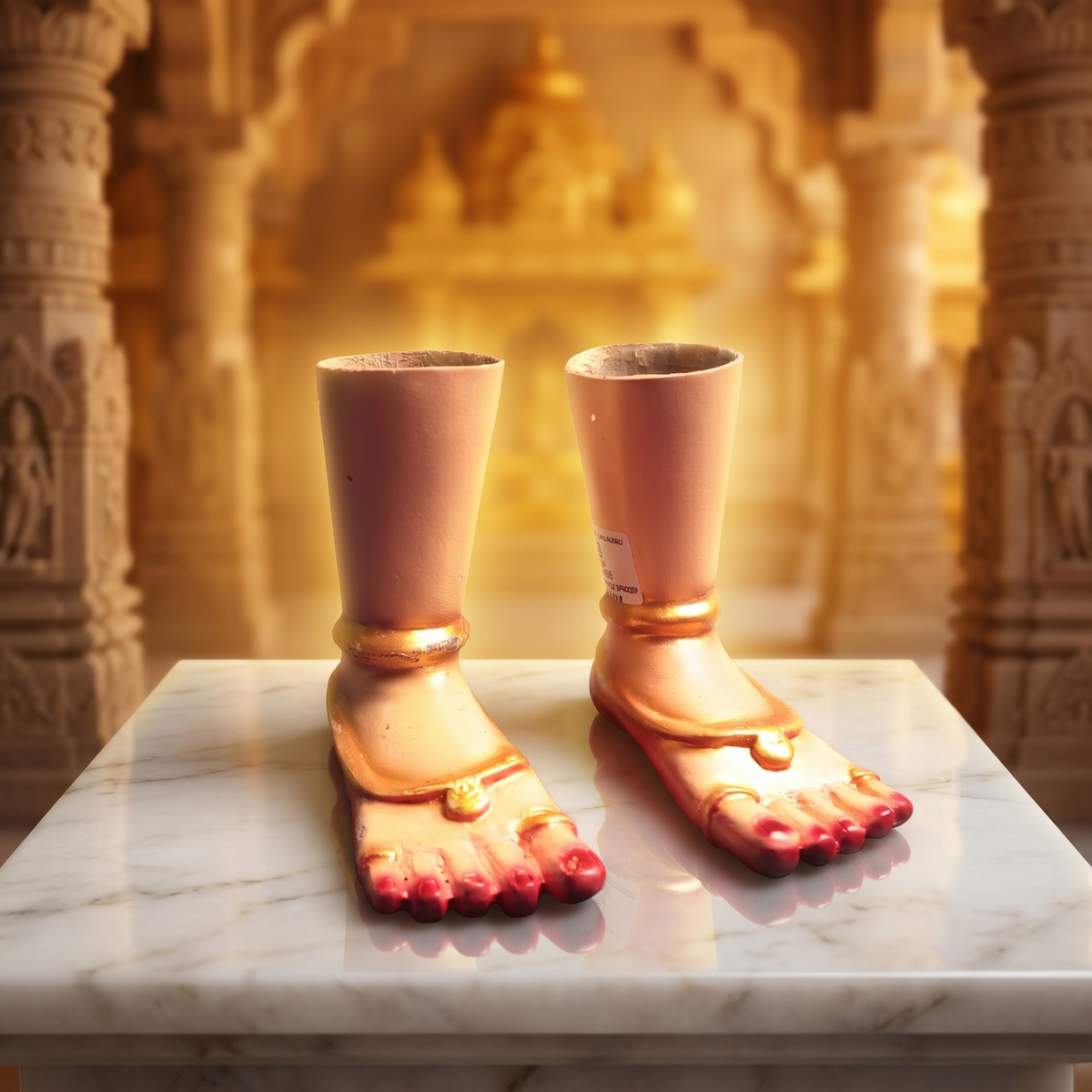 Pair of golden Sadari-style feet with raised toes displayed on a marble pedestal