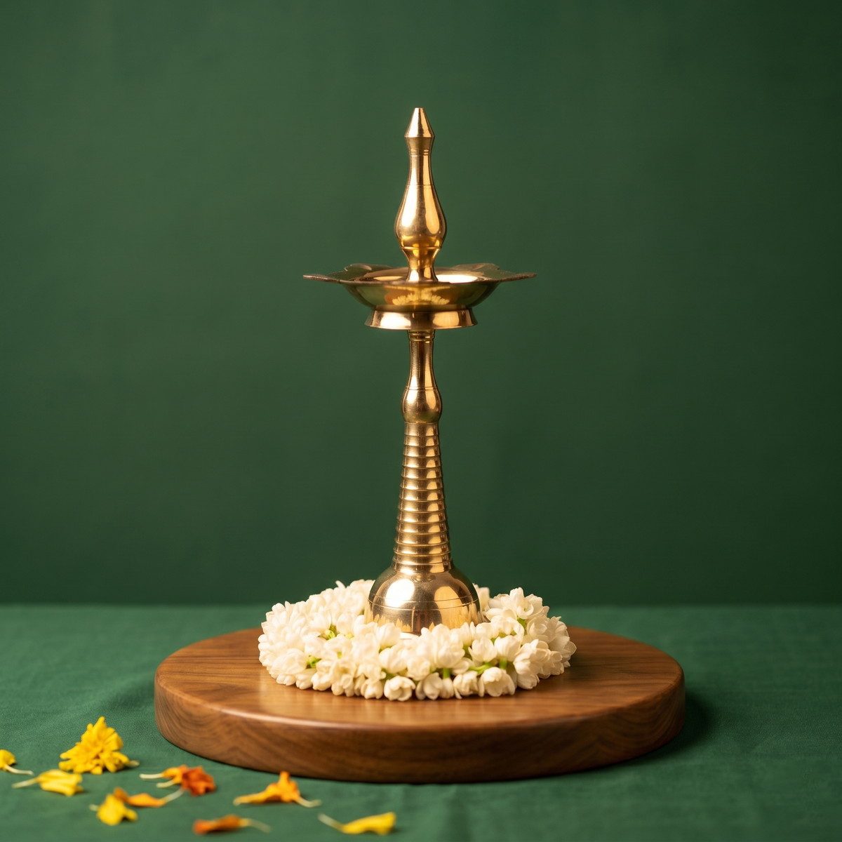 Nilavilakku Kerala floor lamp in straight front view on wooden base with white jasmine garland and marigold petals against green backdrop