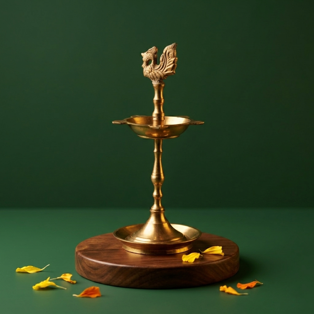 Karaikudi Vilakku with right-facing peacock on top in straight front view on a wooden base with scattered petals against a green backdrop