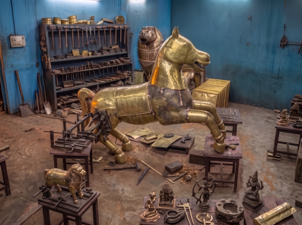 Investment casting and hand-finishing each brass vahana to temple-quality standards