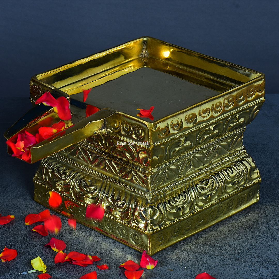 Abishega Beedam pedestal slight left angle close view with rose petals for ritual bathing pooja