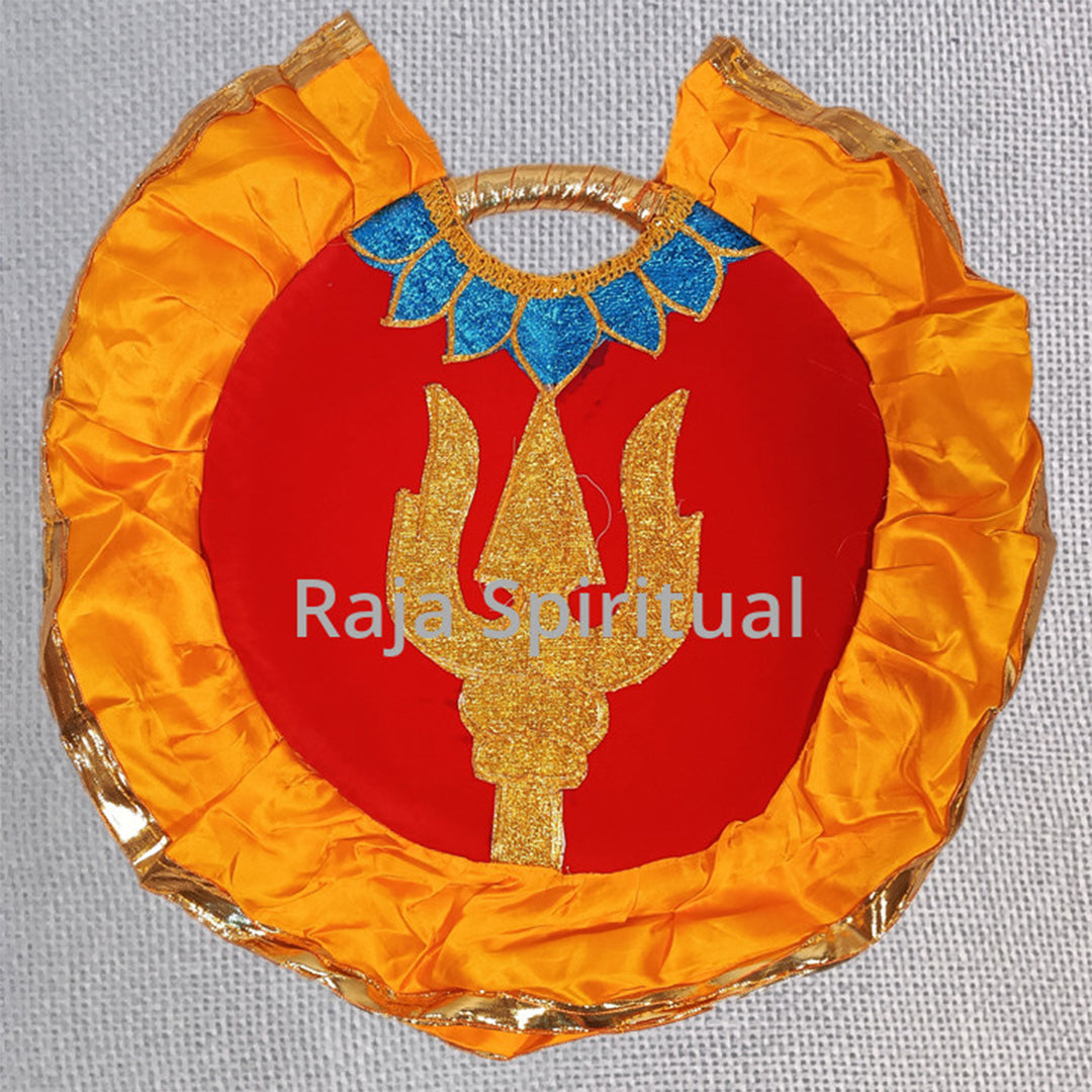 Alavattam sulam fan with golden trident and blue lotus border front view for deity decoration setup
