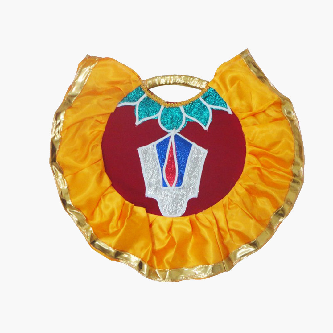 V Namam Alavattam with orange pleated fabric and a central blue and white Vaishnavite symbol shown front-facing.
