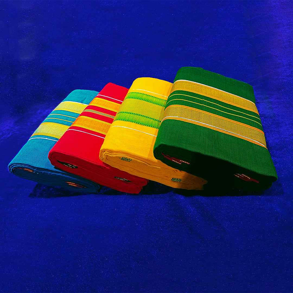 Front view of four Amman sarees, 9 gajan folded in blue, red, yellow, and green with a gold stripe border on the blue surface
