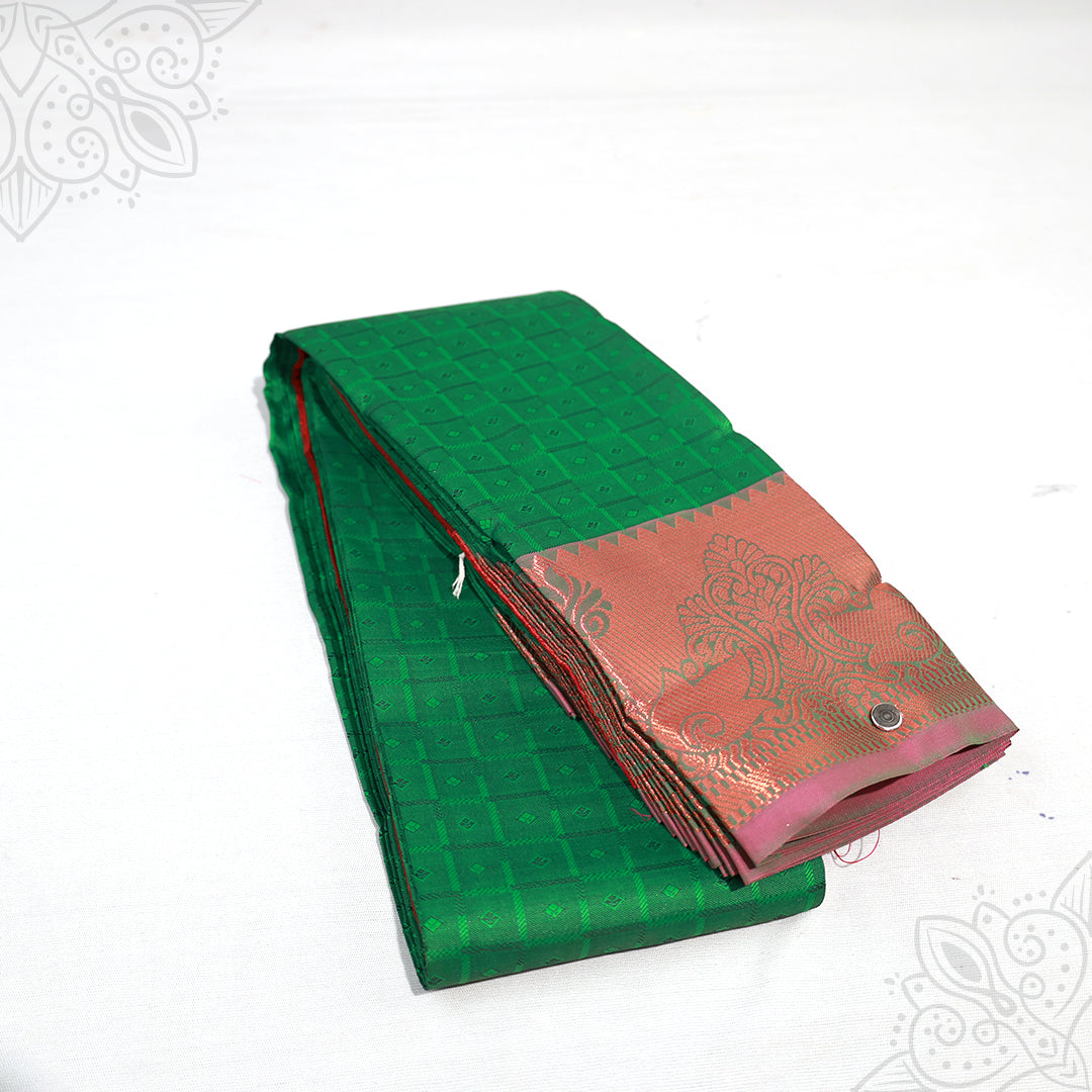 Amman saree embose green color with peacock motif border folded view for goddess idol decoration