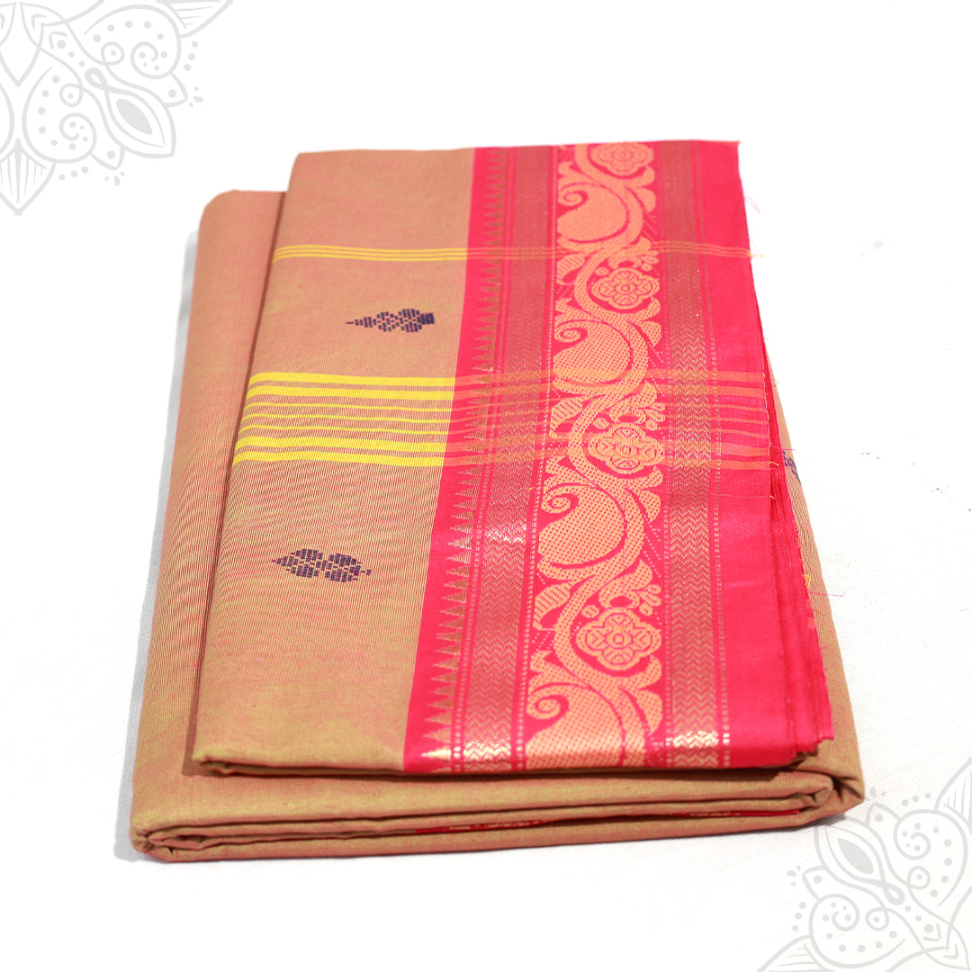 Sandal amman saree pure cotton with red and gold medium border folded neatly side angle view for daily pooja wear