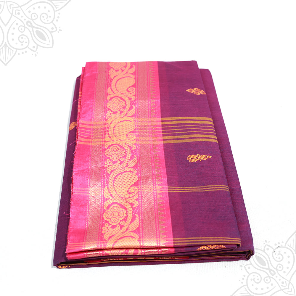 Rose amman saree pure cotton with pink and gold medium border folded neatly side angle view for daily pooja wear