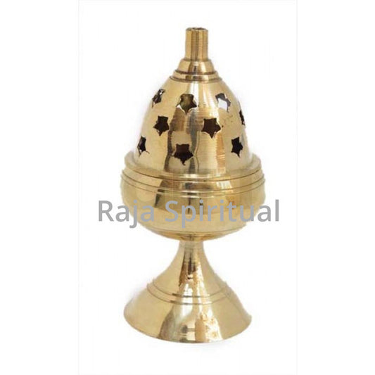 Mid apple nandha stand vilaku straight front view with star cut conical lid on round bulb and pedestal base white background
