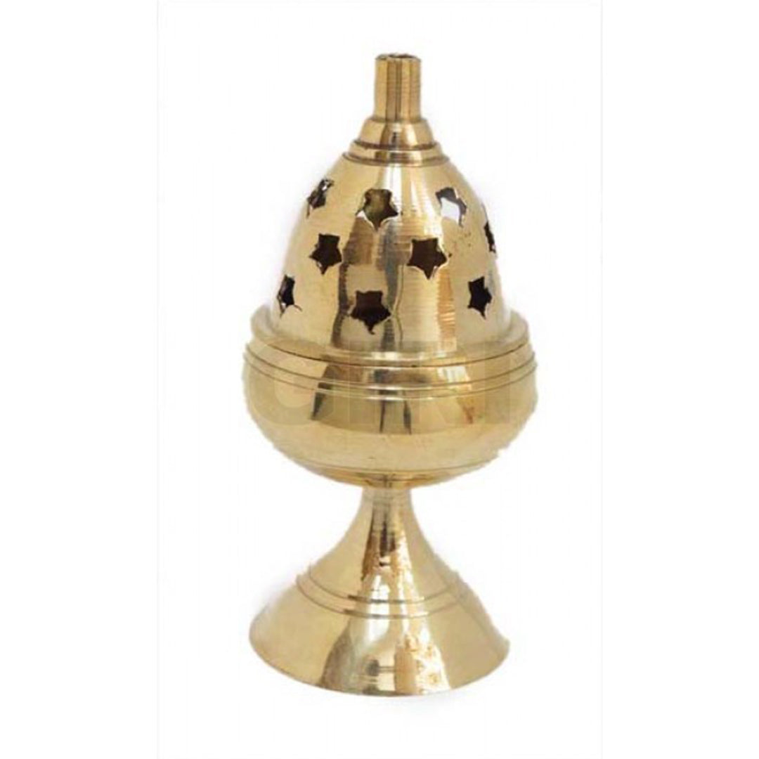 Small apple nandha stand vilaku straight front view star cut conical lid on round bulb and pedestal base white background
