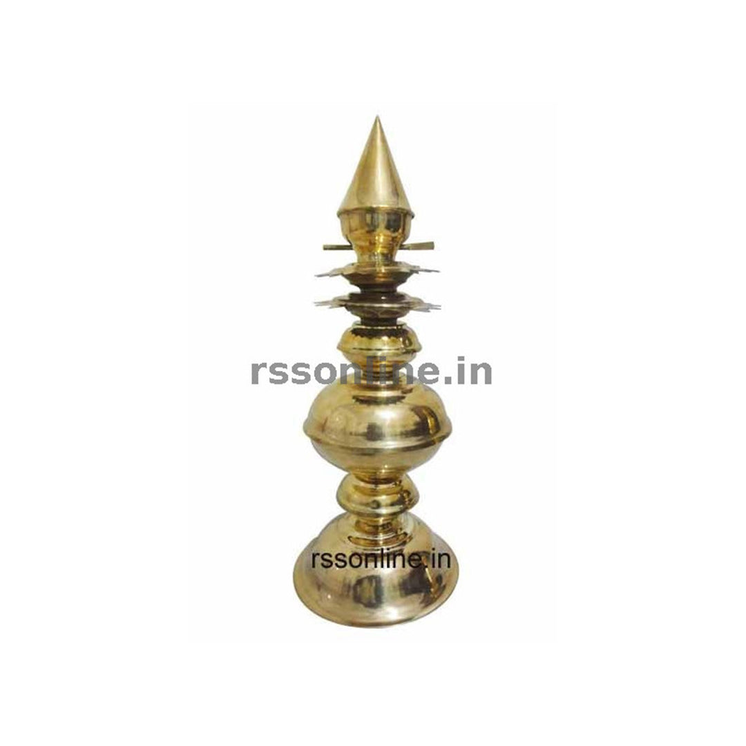 Brass kalasam in a slight right side view showing right petal disc edges more clearly with polished round ball body and wide circular base