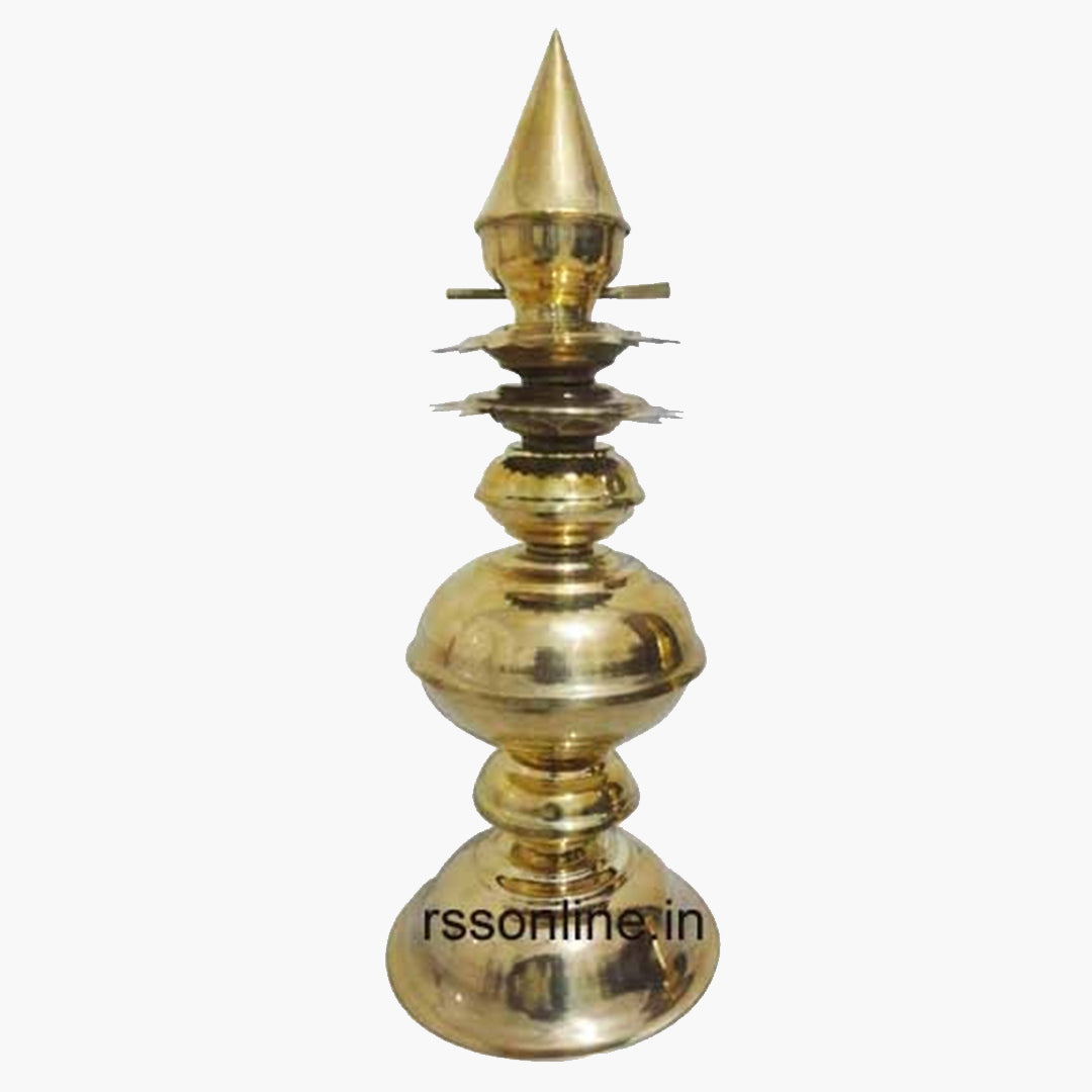 Brass kalasam in a straight front-facing close-up view with spread petal disc edges visible on both sides and full round ball body and base