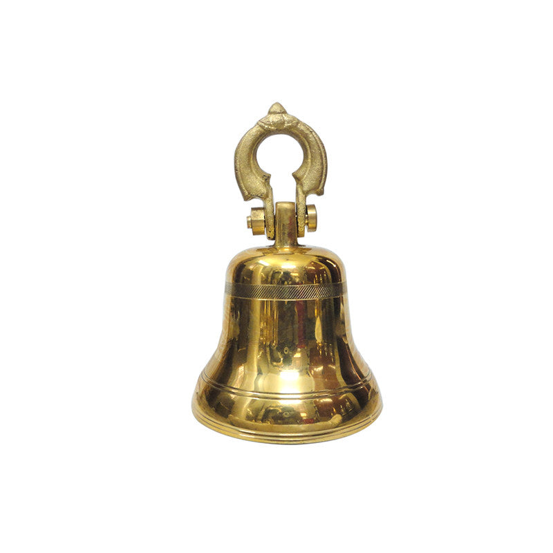 Bronze Kovil Bell 5kg with glossy finish and traditional loop handle shown in straight front view