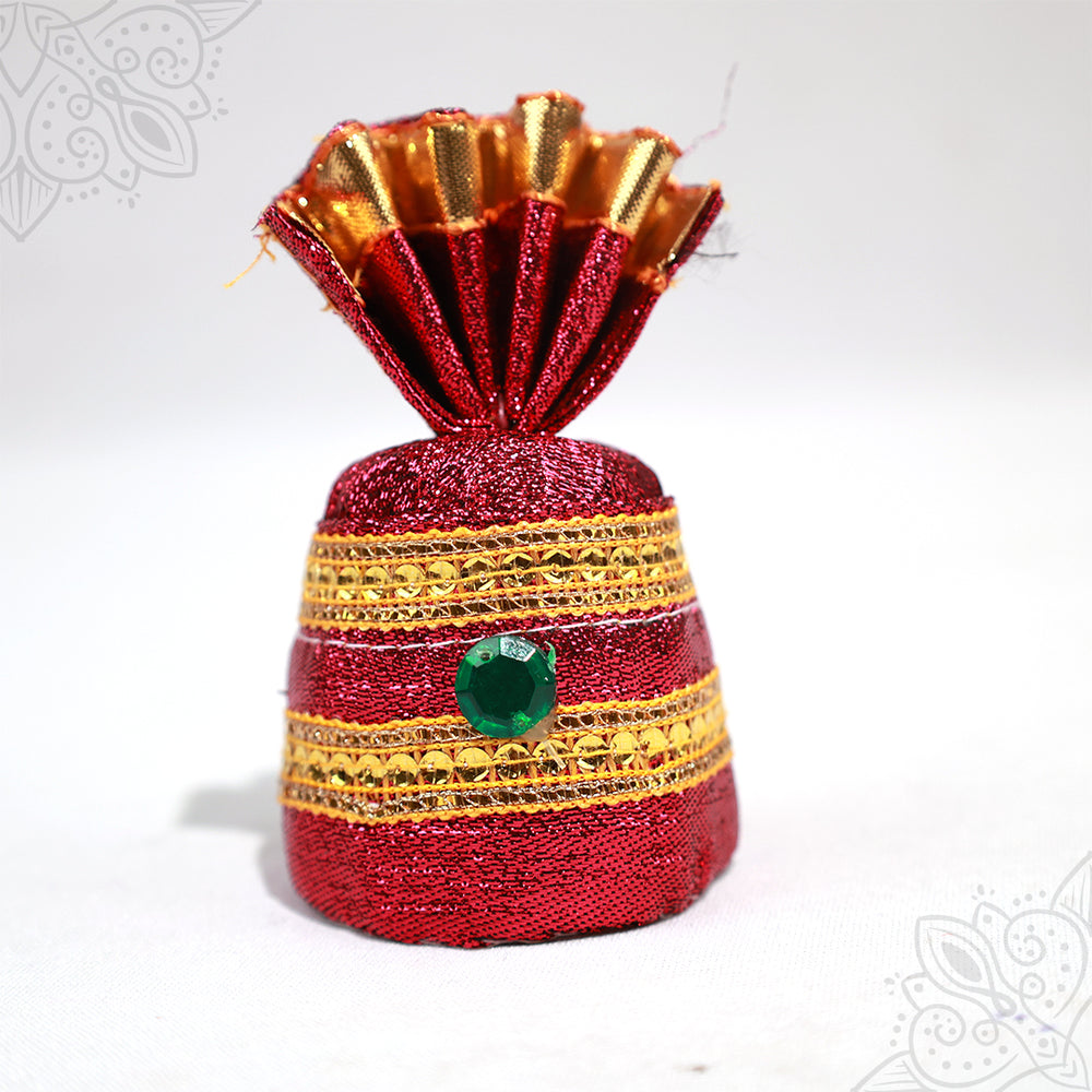 Red cloth turban with green stone design and golden border straight front view for deity decoration
