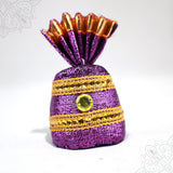 Purple cloth turban with green stone design and golden border straight front view for deity decoration