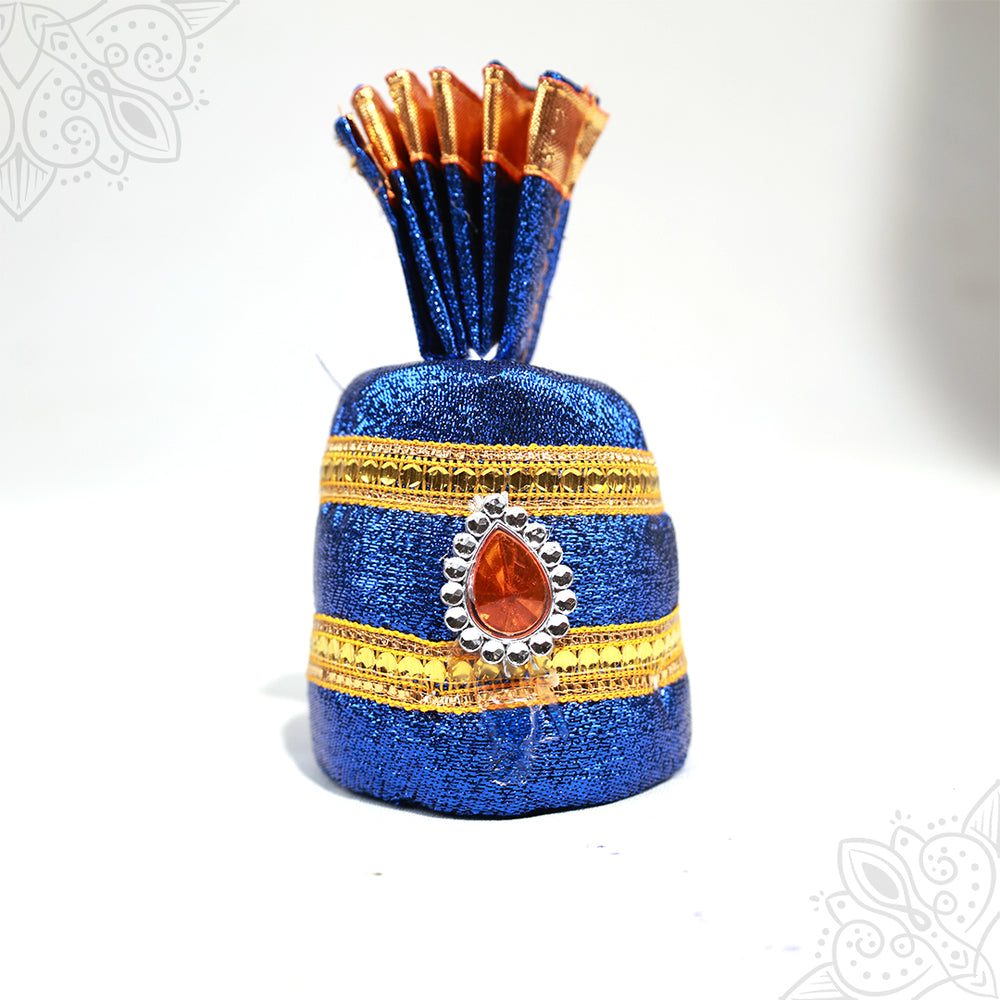Blue cloth turban with orange stone design and golden border straight front view for deity decoration