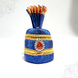 Blue cloth turban with orange stone design and golden border straight front view for deity decoration