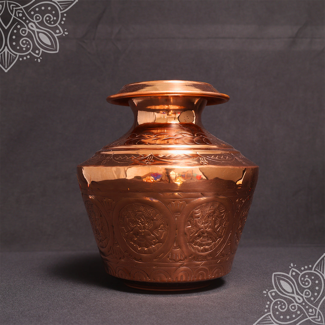 Copper Ashtalakshmi Kudam pot slight left angle showing round medallions and wide flared rim