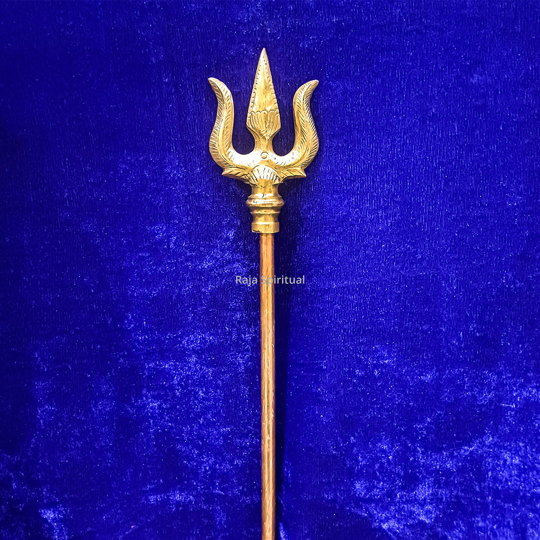 Copper muppattai sulam trident slightly right tilted view on blue velvet for daily temple worship