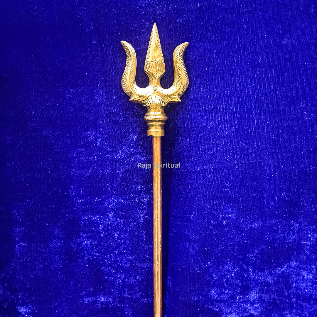 Copper muppattai sulam trident close front view with carved petals on blue velvet for daily worship