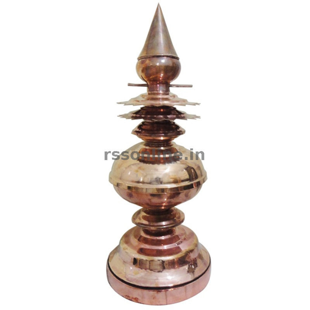 Copper special kalasam in a straight front-facing view showing pointed top petal disc polished round body and circular base against white background