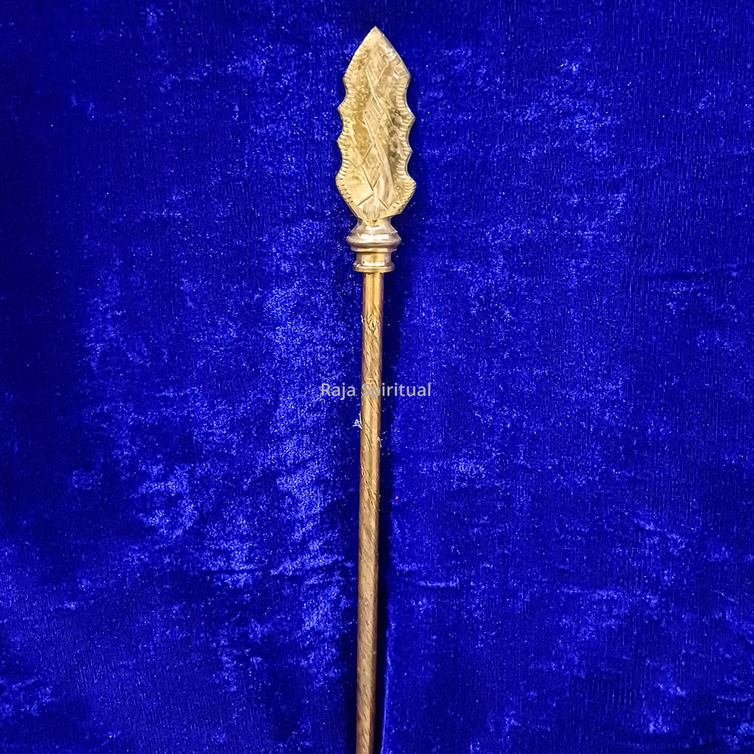 Copper Vajjira Vel 1.5ft with carved leaf spearhead in upright straight view against blue velvet background