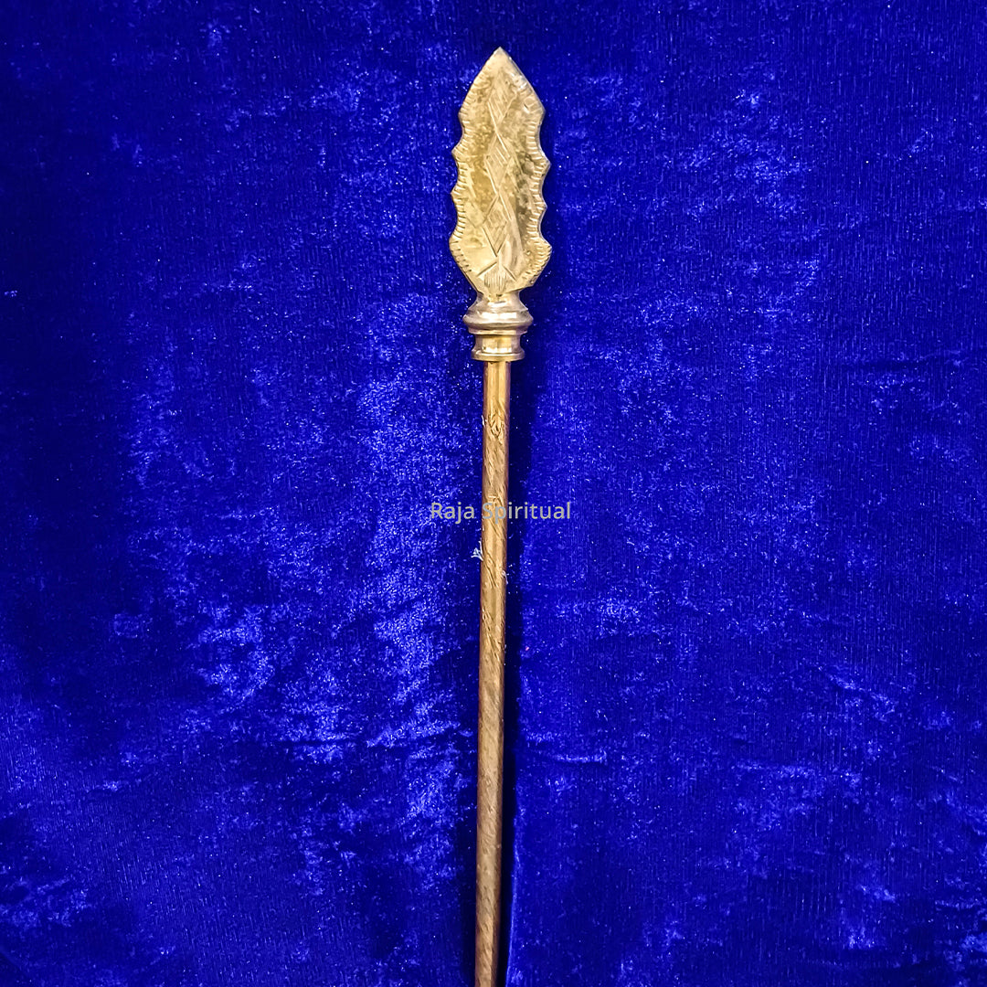Copper Vajjira Vel 2ft with slightly tilted leaf tip shown in tall straight pose on rich blue velvet backdrop