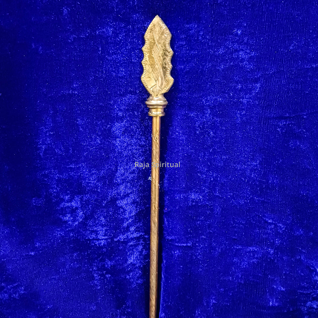 Copper Vajjira Vel 4ft with wide leaf-shaped head captured in slight left angle on deep blue velvet cloth