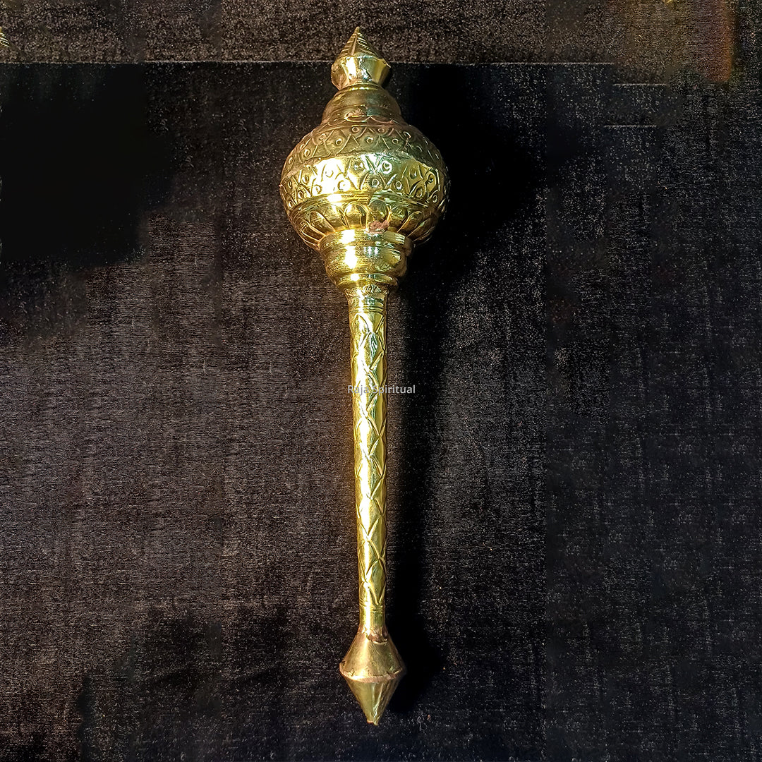 Ritual Gathai 2ft mace with engraved round head and pointed tip shown straight upright on dark velvet cloth