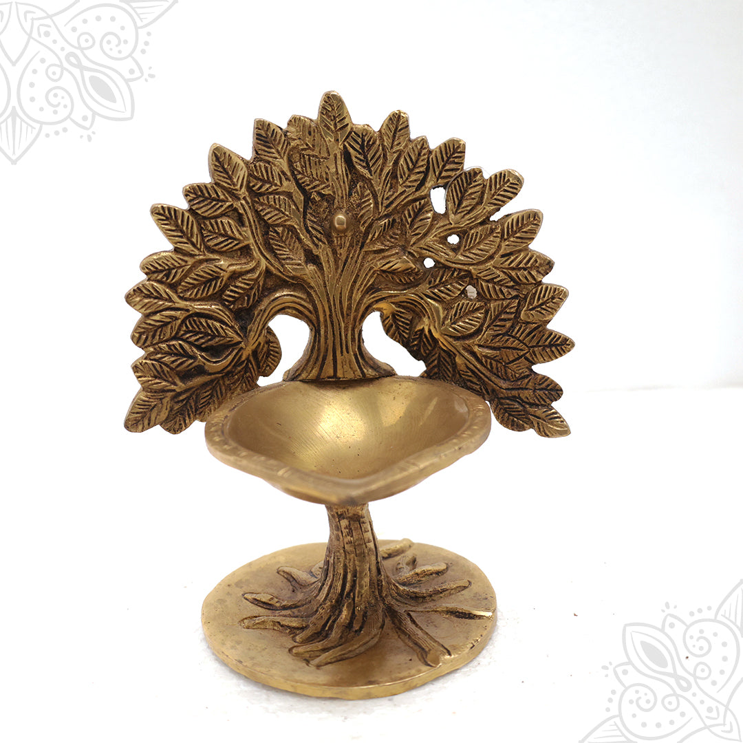 Kalpavriksha Vilakku with detailed tree roots and diya on a round base in a straight front view against a white backdrop