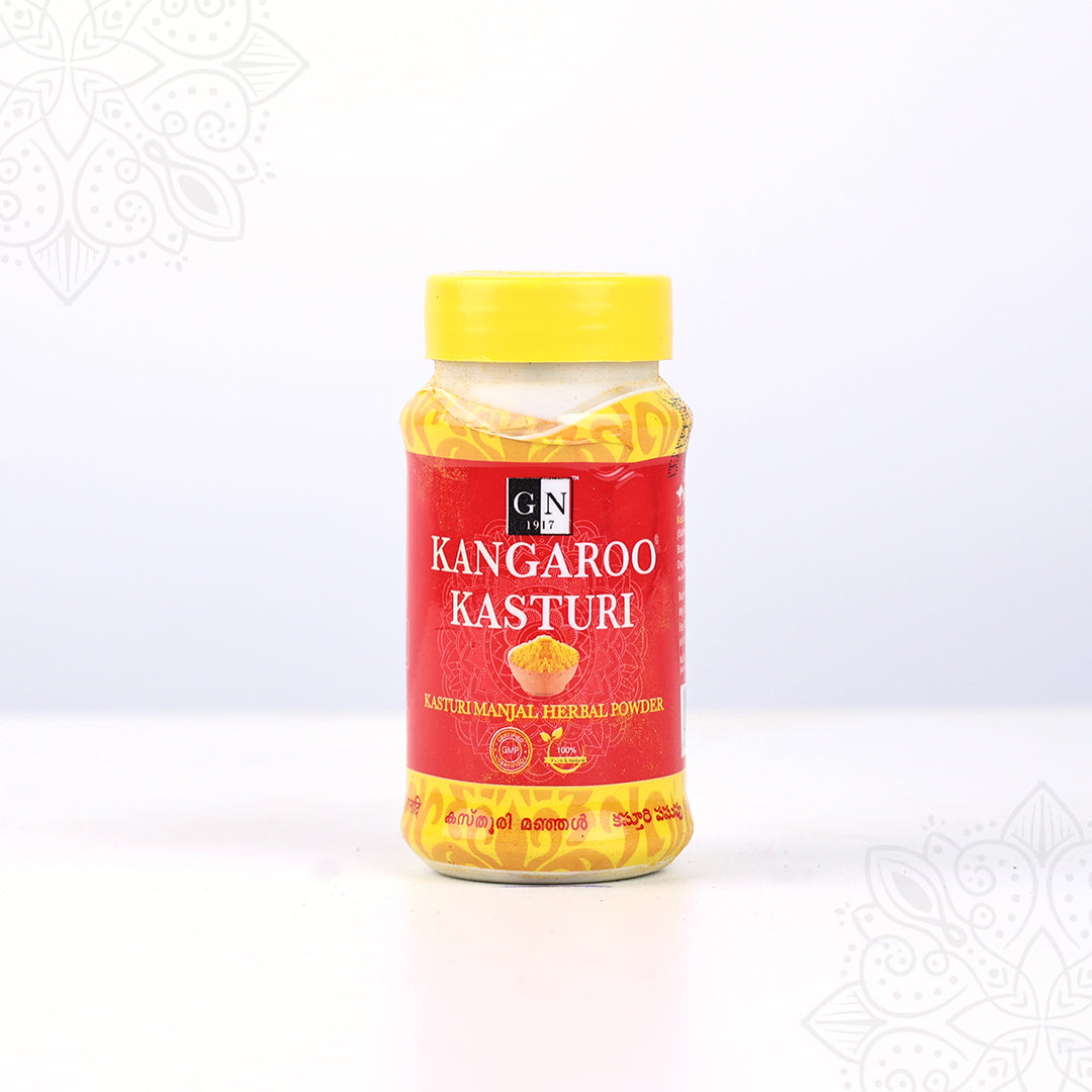 Kangaroo kasthuri manjal powder bottle straight front view with yellow lid for daily pooja and skincare use