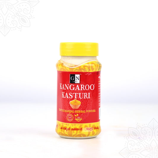 Kangaroo kasthuri manjal powder bottle slight right side angle view with red label for daily skincare use