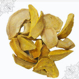 Dried kasthuri manjal kizhangu slices in golden yellow color shown in top-down view against white backdrop with mandala design.
