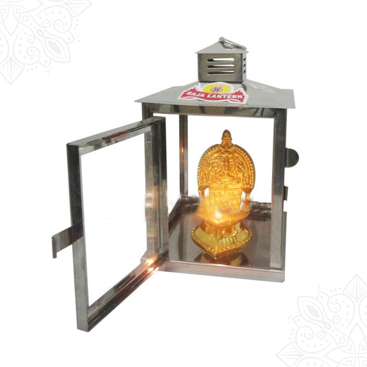 Lantern SS big special slight right side view with door open showing glowing deity lamp inside steel square body with slotted top
