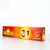 Mangaldeep 3in1 agarbatti charcoal free incense sticks red box shown in straight front lying view with right end visible against white backdrop.