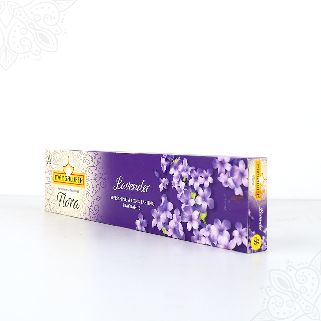 Mangaldeep lavender agarbatti flora pack slight right side angle view showing fragrance label for pooja