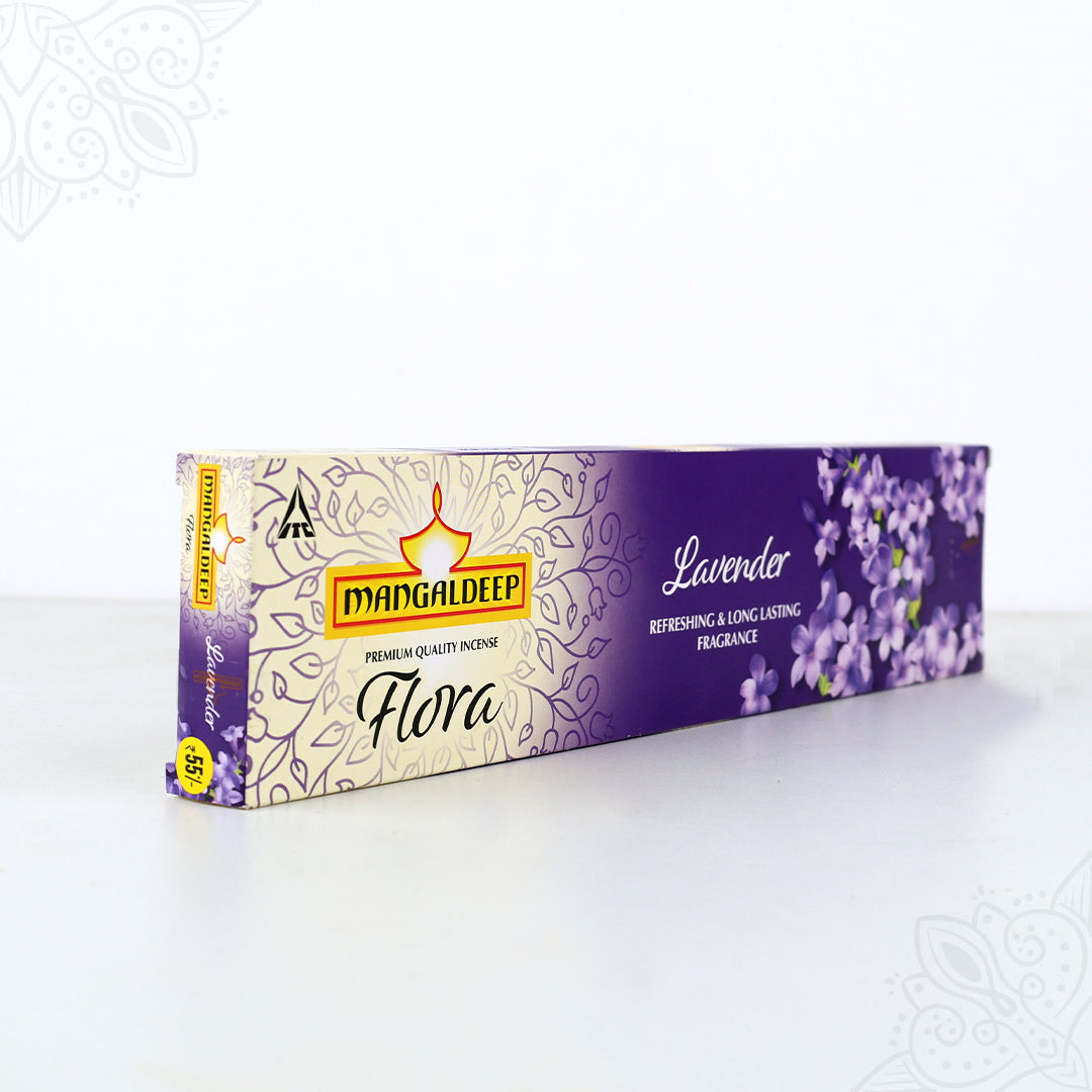 Mangaldeep lavender agarbatti flora pack left side angle view with floral design for daily pooja fragrance