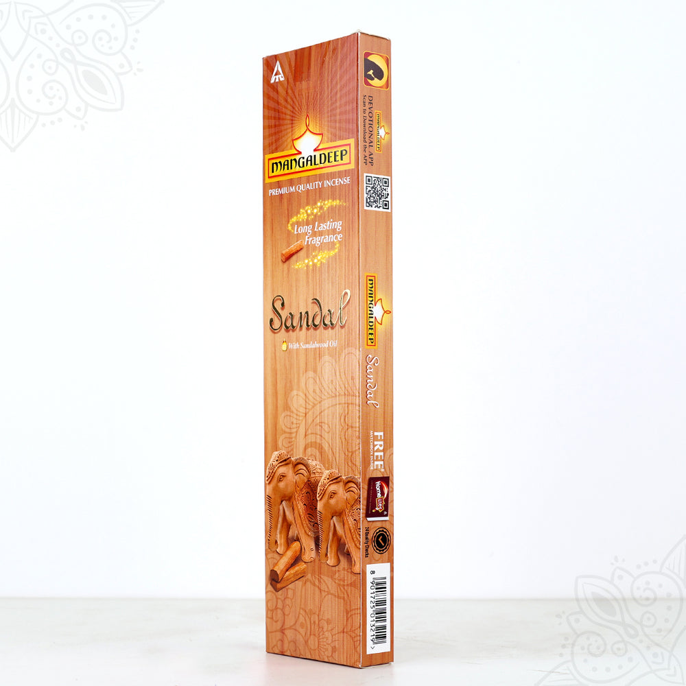 Side angle view of Mangaldeep sandal agarbatti box showing front and side label on brown wood finish pack against white background