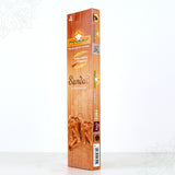 Side angle view of Mangaldeep sandal agarbatti box showing front and side label on brown wood finish pack against white background